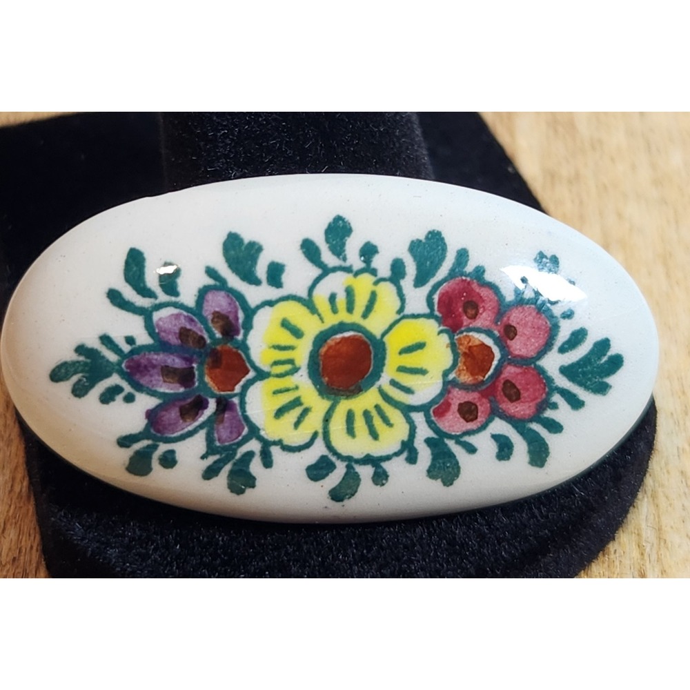 Vintage Porcelain Delft Holland Hand Painted Flower Brooch‎ Pin - Picture 2 of 7